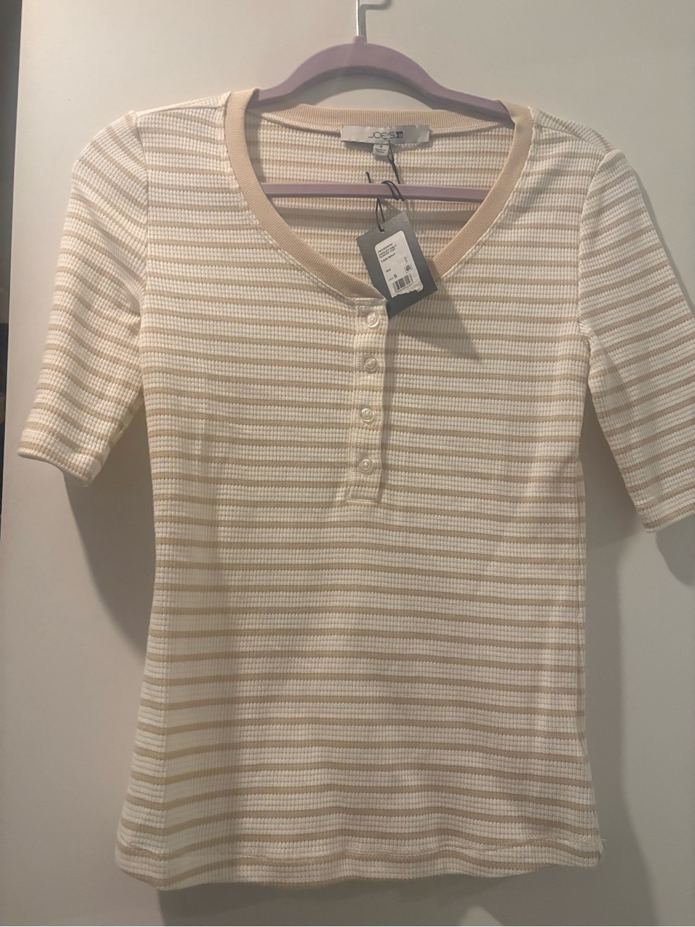 Joe’s Jeans Cream and Tan Striped Quarter-Sleeve Henley Top Sz S NWT